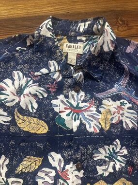 Kahala Hawaiian Shirt Mens Large Pullover 100% Cotton Hibiscus Swordfish on Blue